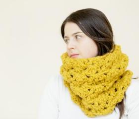 Crochet Cowl - Lacey Crochet Circle Scarf - Snood in Mustard Yellow - The Pendower