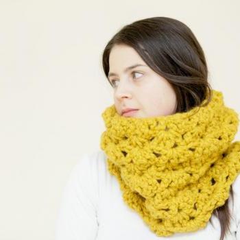 Crochet Cowl - Lacey Crochet Circle Scarf - Snood in Mustard Yellow - The Pendower